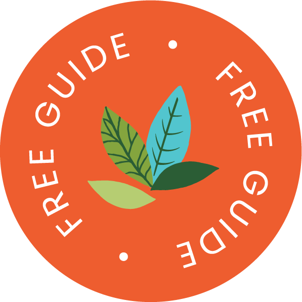 Circular logo with an orange background featuring a cluster of green and blue leaves in the center. Surrounding the leaves, the text reads 'FREE GUIDE' repeated twice in white uppercase letters, separated by small white dots.