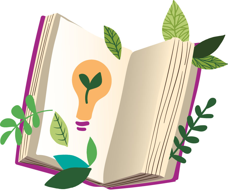 Open book with a light bulb illustration featuring a green sprout inside, surrounded by green leaves and plants on a purple background.