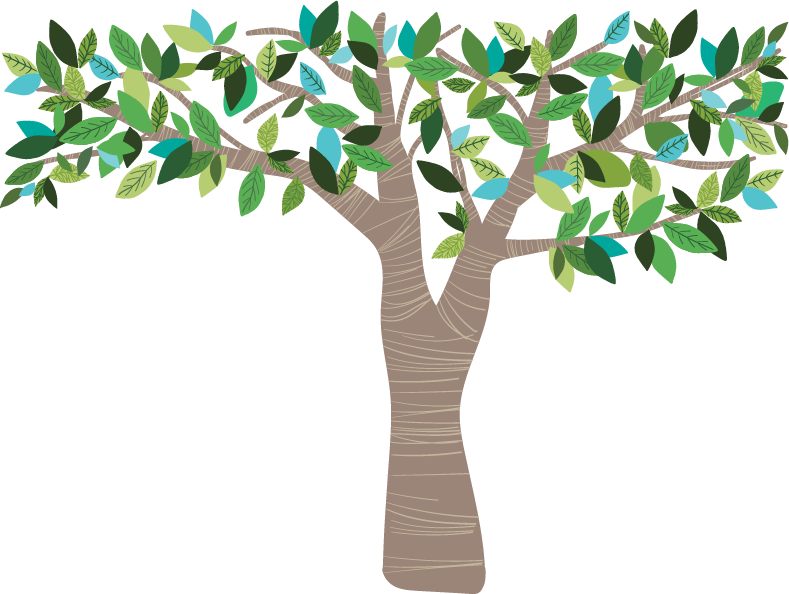Illustration of a tree with a brown trunk and green and blue leaves.
