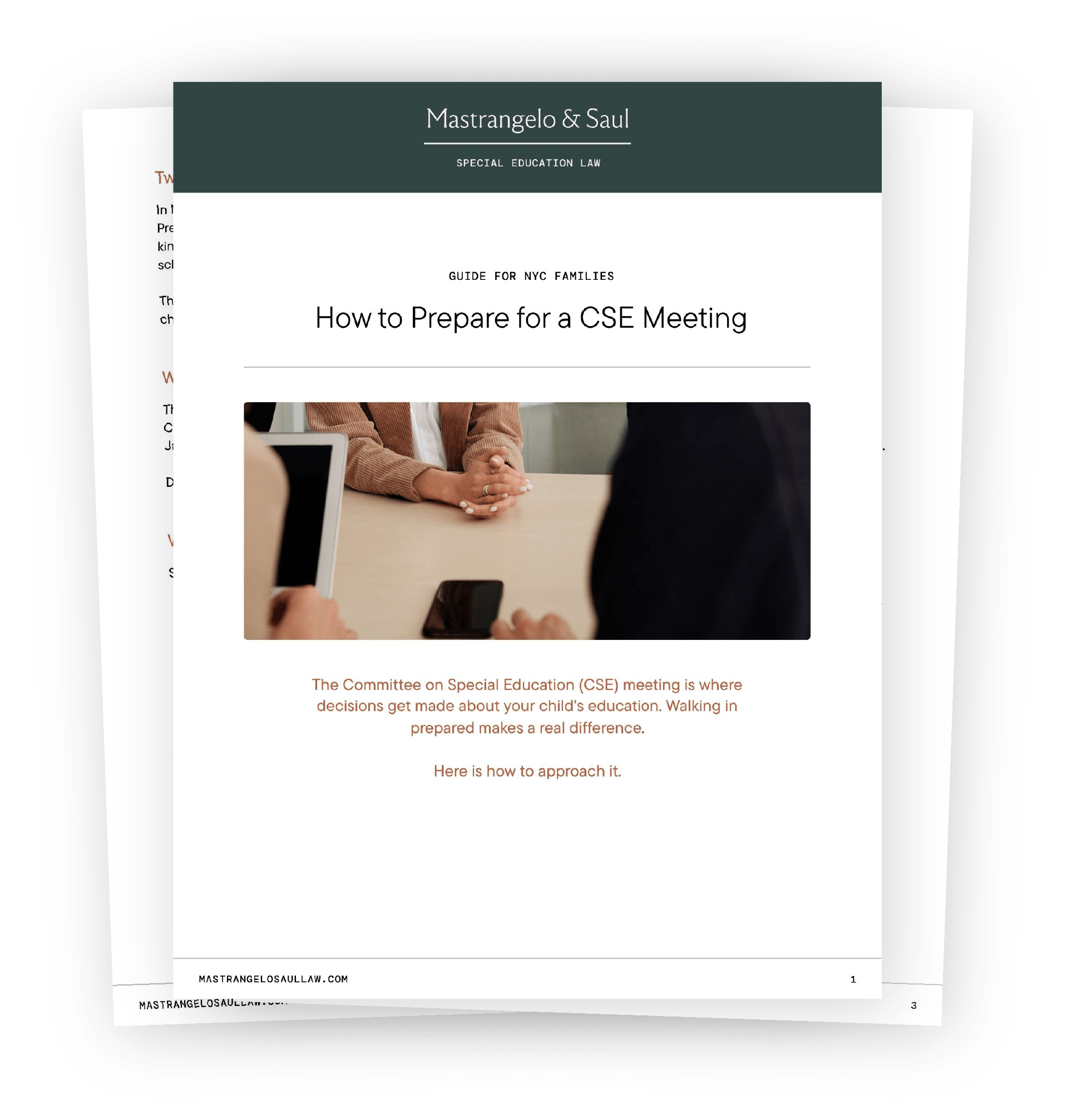 Document titled 'How to Prepare for a CSE Meeting' from Masrangelo & Saul law firm, with an image of people in a meeting.