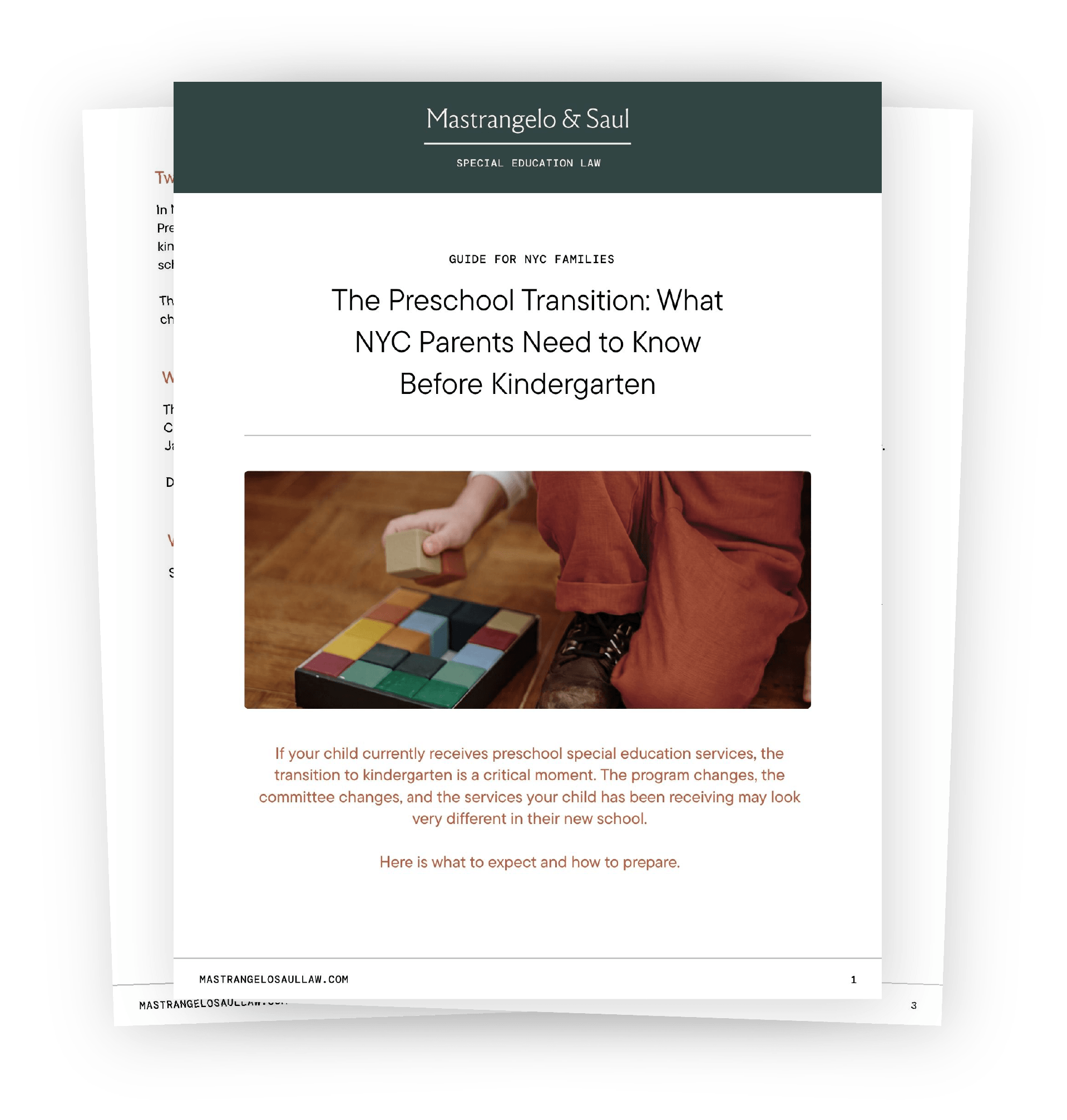 Cover page of a guide titled 'The Preschool Transition: What NYC Parents Need to Know Before Kindergarten' by Mastrangelo & Saul, featuring a child playing with colored blocks on a wooden floor.
