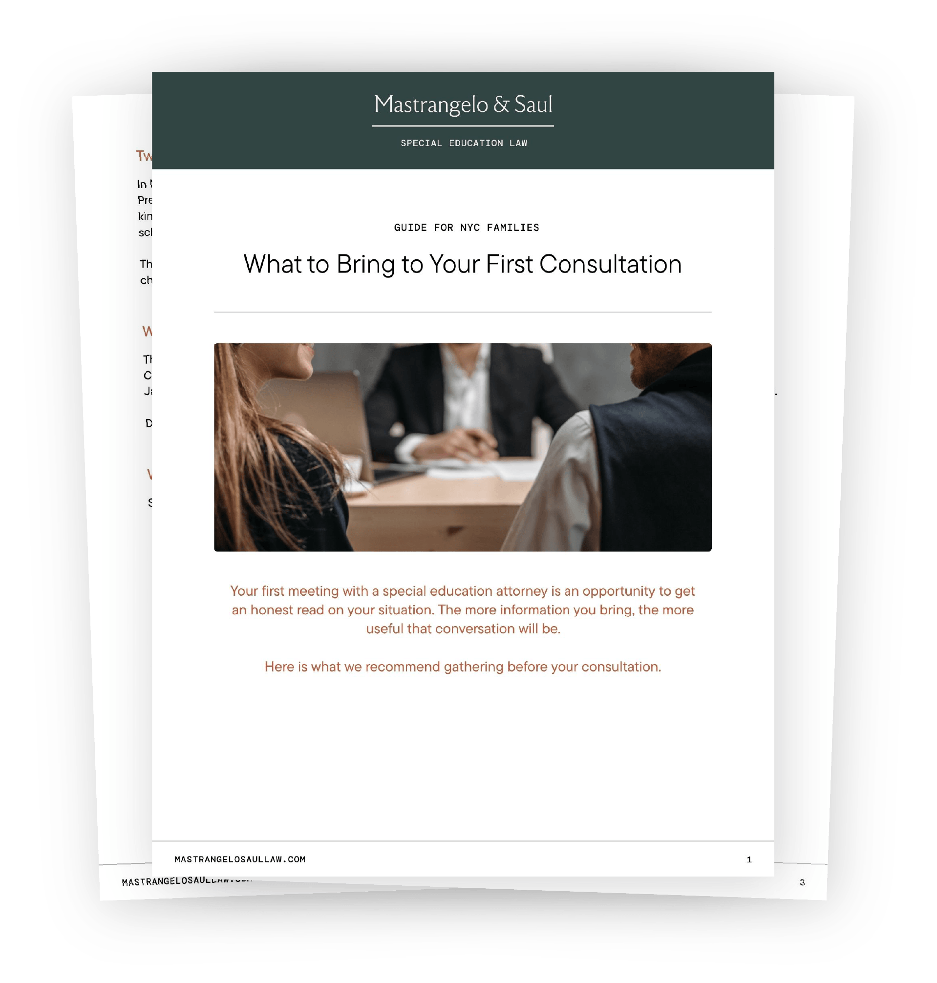 Cover page of a legal guide titled 'What to Bring to Your First Consultation' from Mastrangelo & Saul, Special Education Law, with an image of two people in a legal office setting discussing, and part of the document is visible with black text on a white background.