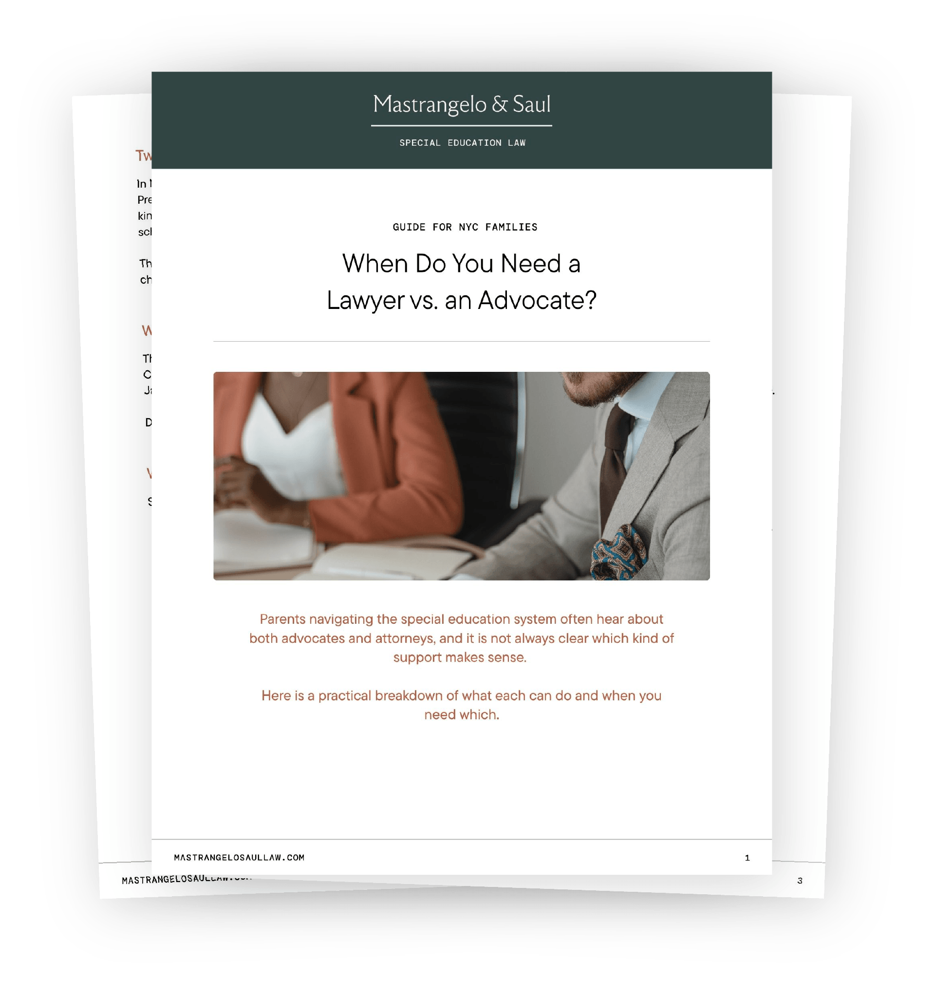 Cover page of a guide titled "When Do You Need a Lawyer vs. an Advocate?" with subheading "Guide for NYC Families," part of a document from Mastrangelo & Saul, Special Education Law.