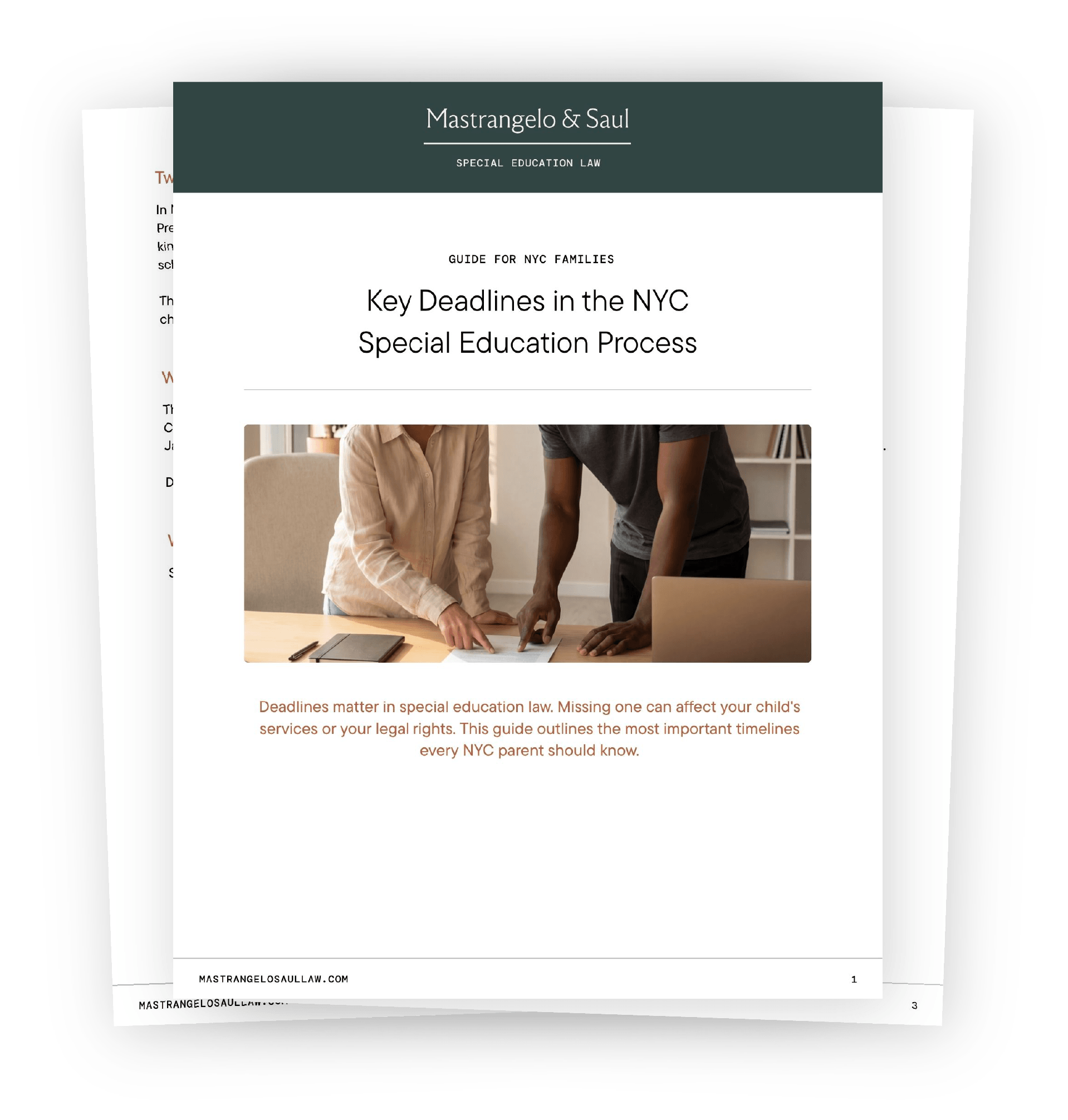 Cover of a guide titled 'Key Deadlines in the NYC Special Education Process' by Mastrangelo & Saul, with a photo of two people working together at a desk.