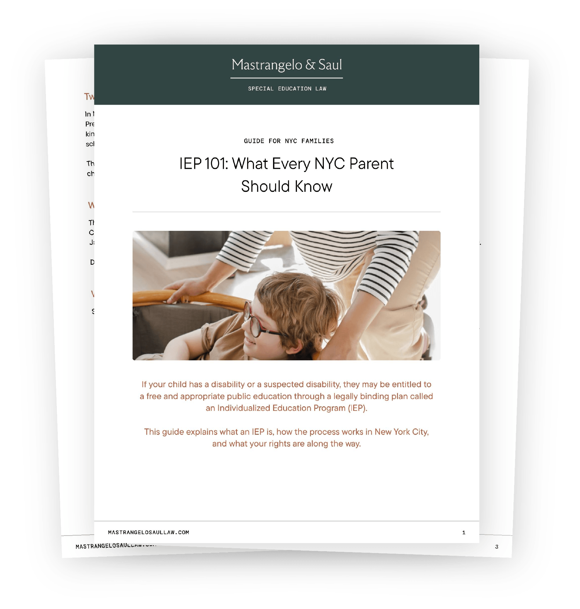 Cover page of a legal guide titled "IEP 101: What Every NYC Parent Should Know" by Mastrangelo & Saul, with a photo of a woman and two children in a home setting.