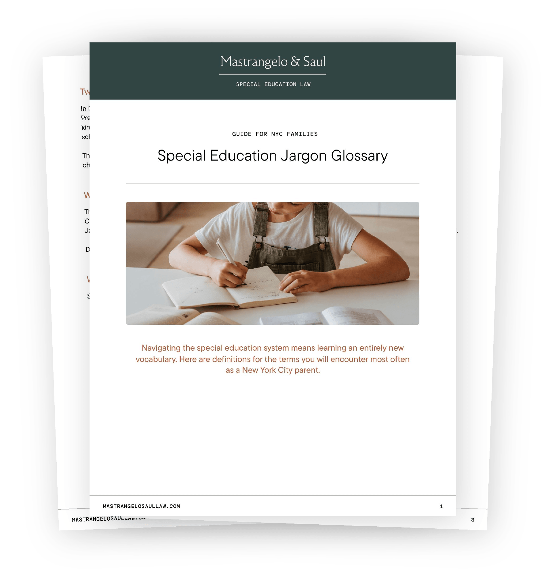 Cover page of a guide titled 'Special Education Jargon Glossary' with a photo of a young child writing at a desk.