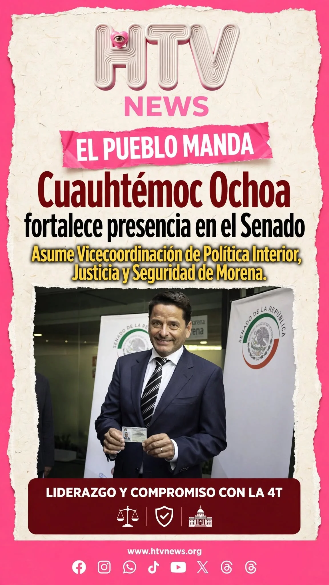 Cuauhtémoc Ochoa fortalece presencia en el Senado: asume vicecoordinación de Política Interior, Justicia y Seguridad de Morena