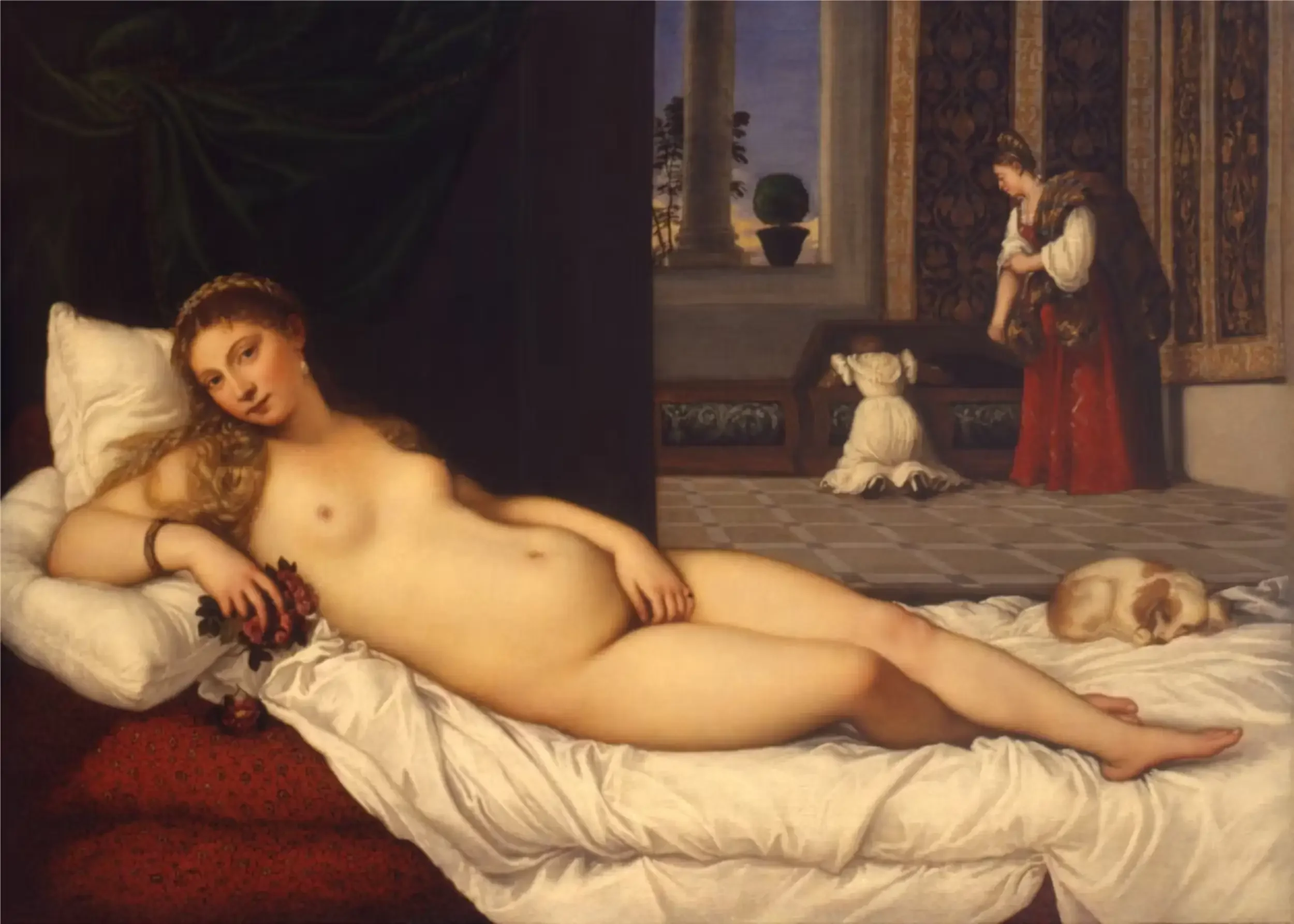 A painting of a reclining nude woman with long hair, lying on a bed with a pillow, in a room with patterned carpet and a painted landscape window in the background. A small dog is near her feet.