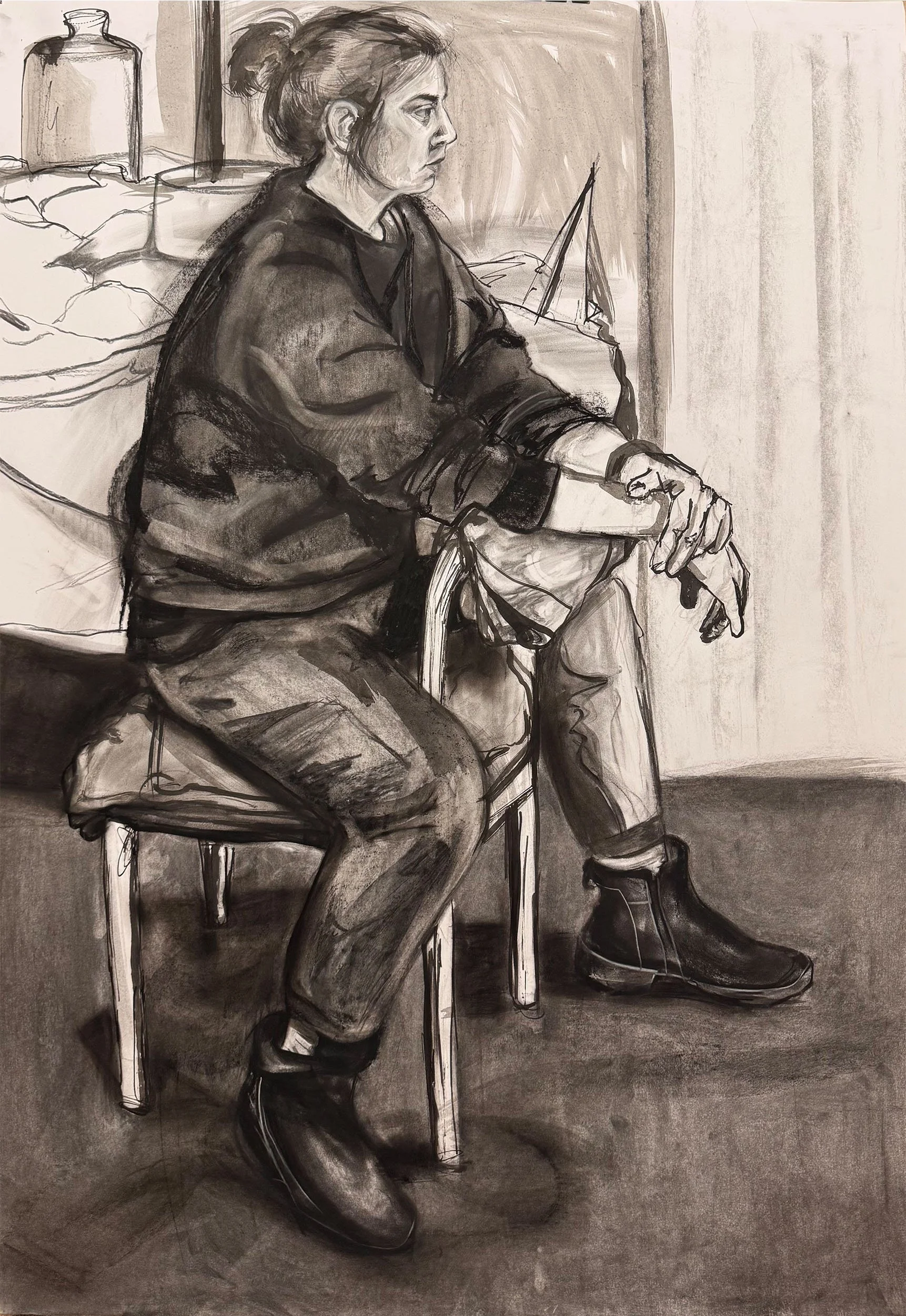 Black and white drawing of a woman sitting on a chair, holding a cigarette, with her hands crossed, wearing a loose jacket, jeans, and boots, with a contemplative expression, in a room with a bed and bottles in the background.