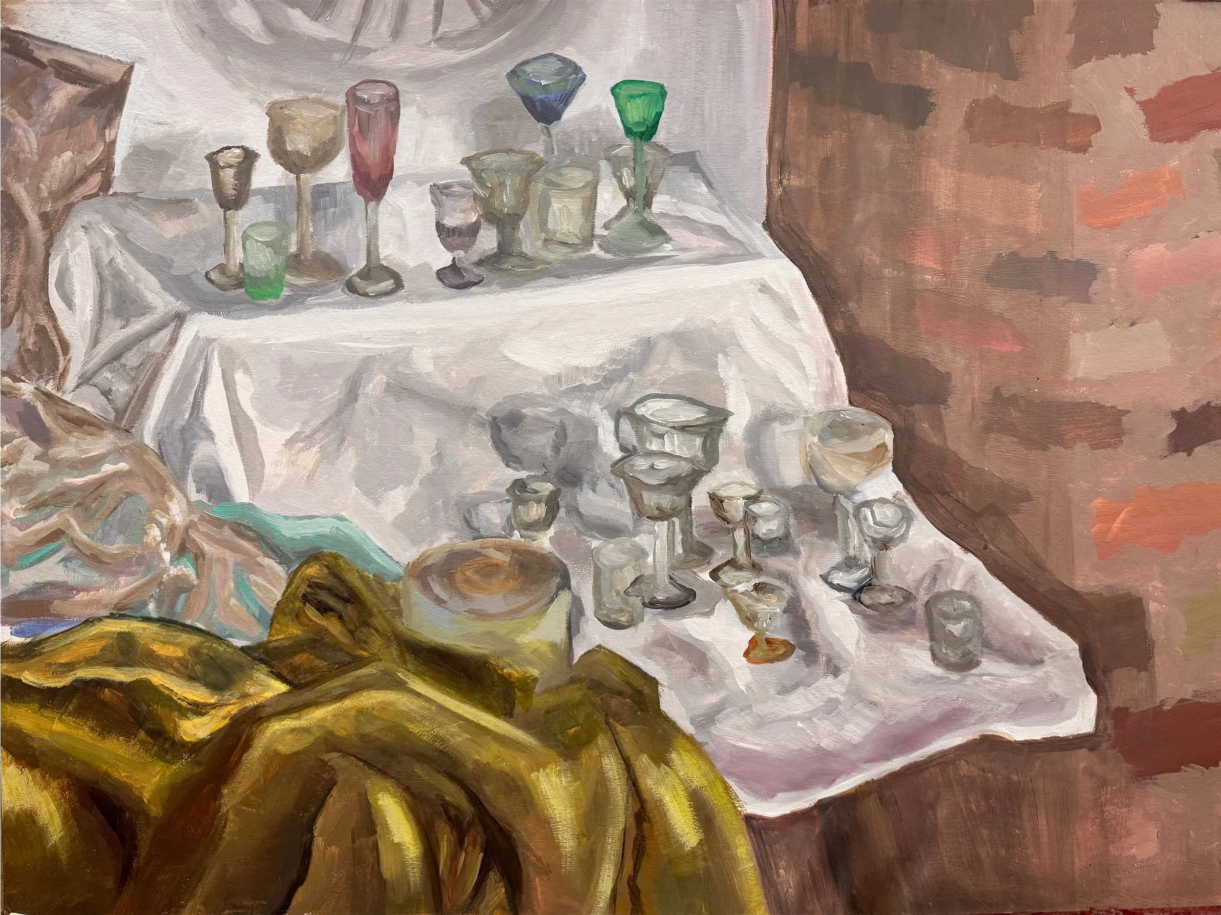 A still life painting depicting a white tablecloth with an assortment of colorful drinking glasses, jewelry, and clothing items like scarves.