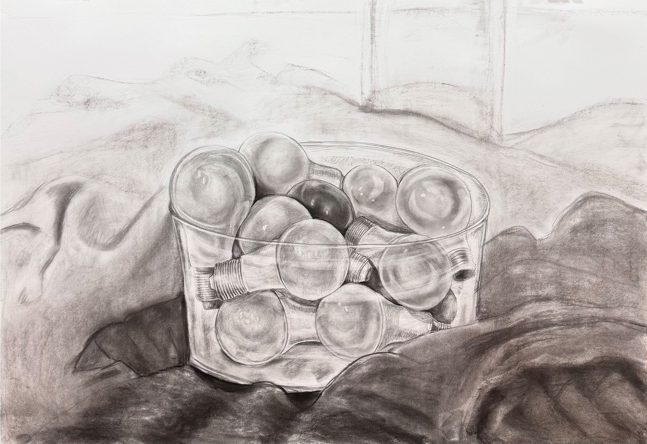 Słój z żarówkami na płynnym materiale. Technika węgiel na papierze 100x70 cm
