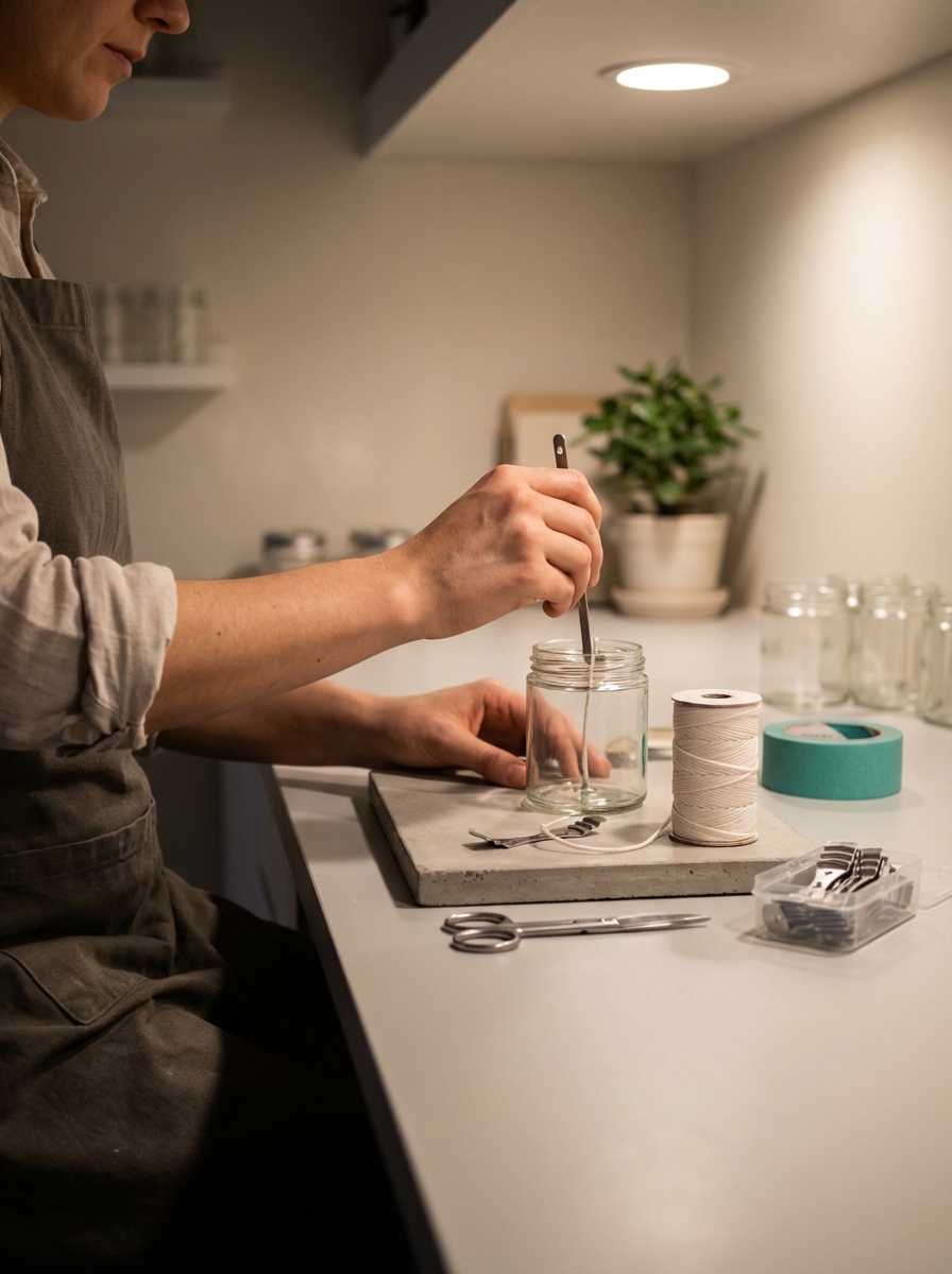 A person wearing a brown apron is carefully filling a glass jar with a liquid using a spoon. The workspace has tools such as scissors, a spool of string, and a plastic container with metal clips, along with glass jars in the background and a potted plant on the counter.