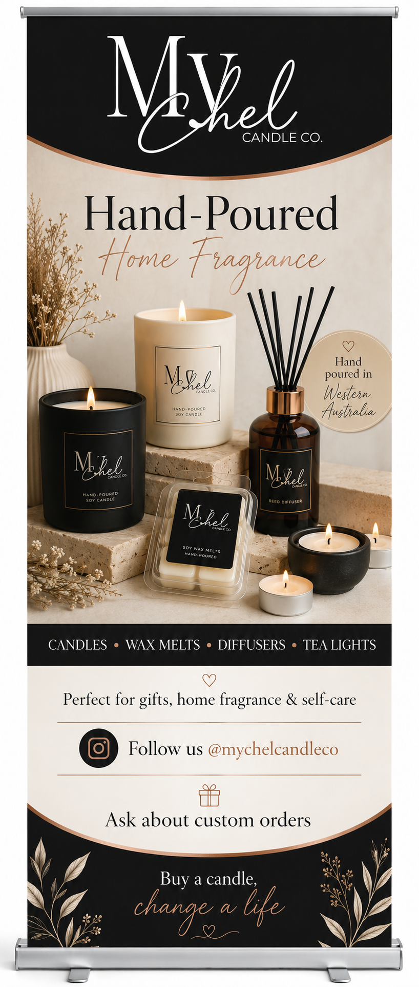 A promotional display for Mychel Candle Co. featuring hand-poured candles, wax melts, diffusers, and tea lights. The display highlights their products, including soy candles and reed diffusers, with a message about making a difference by buying a candle.