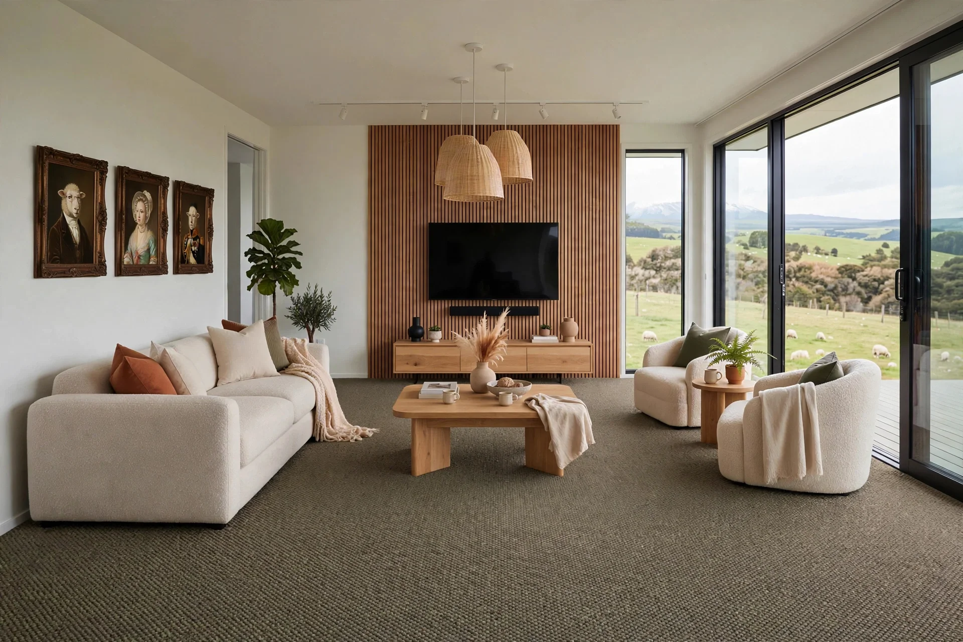 Modern living room with white sofas, a wooden coffee table with decor, framed animal portraits on the wall, a TV mounted on wood-paneled accent wall, large glass windows showing a green landscape with sheep and mountains, and indoor plants.