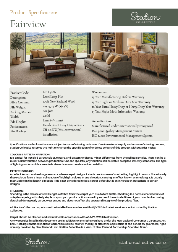 Product information sheet for Fairview carpet, showing a living room with sofas, a coffee table, and a sideboard in front of a large window with a view of green hills.