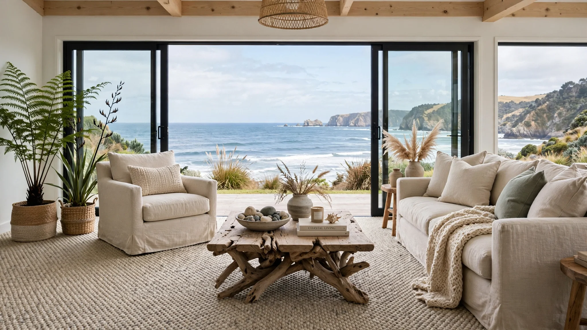 Living room with beige furniture and ocean view through sliding glass doors, decorated with plants and coastal accessories.