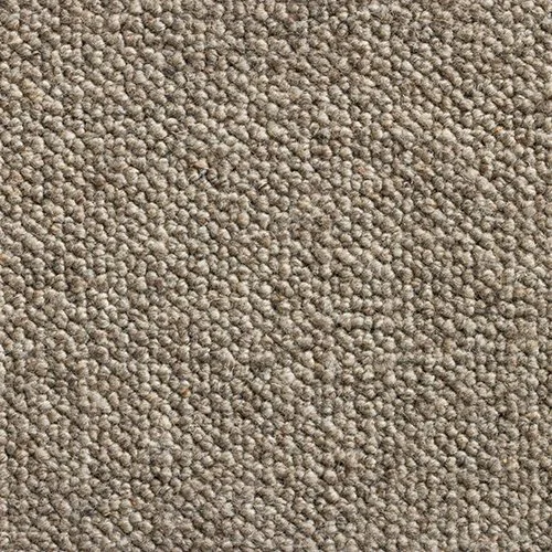 Close-up view of a beige, textured carpet with a looped pile.