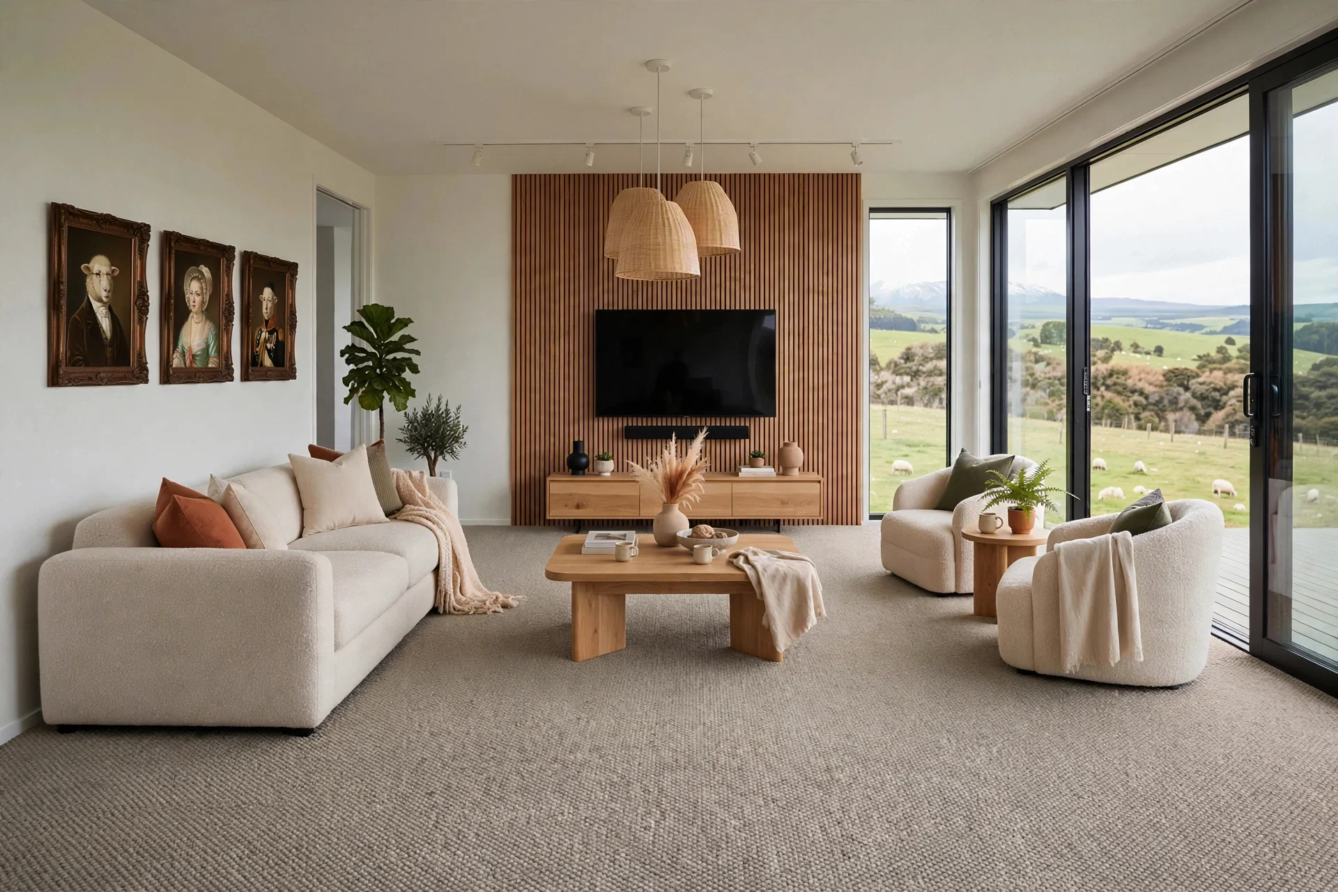 Living room with beige sofas, wooden coffee table, modern decor, large window showing a pastoral landscape with sheep.