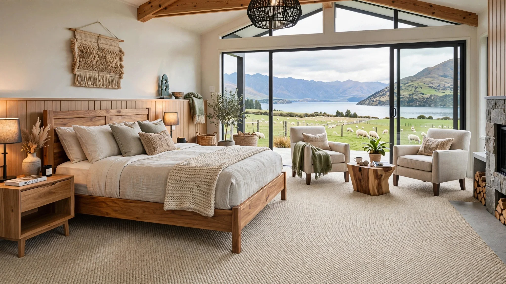 A cozy bedroom with a large bed featuring multiple pillows, a nightstand with a lamp and books, and a sitting area with two chairs and a small wooden table. The room has a wall hanging decor, wooden accents, and large sliding glass doors providing a view of mountains, water, and a field with sheep.