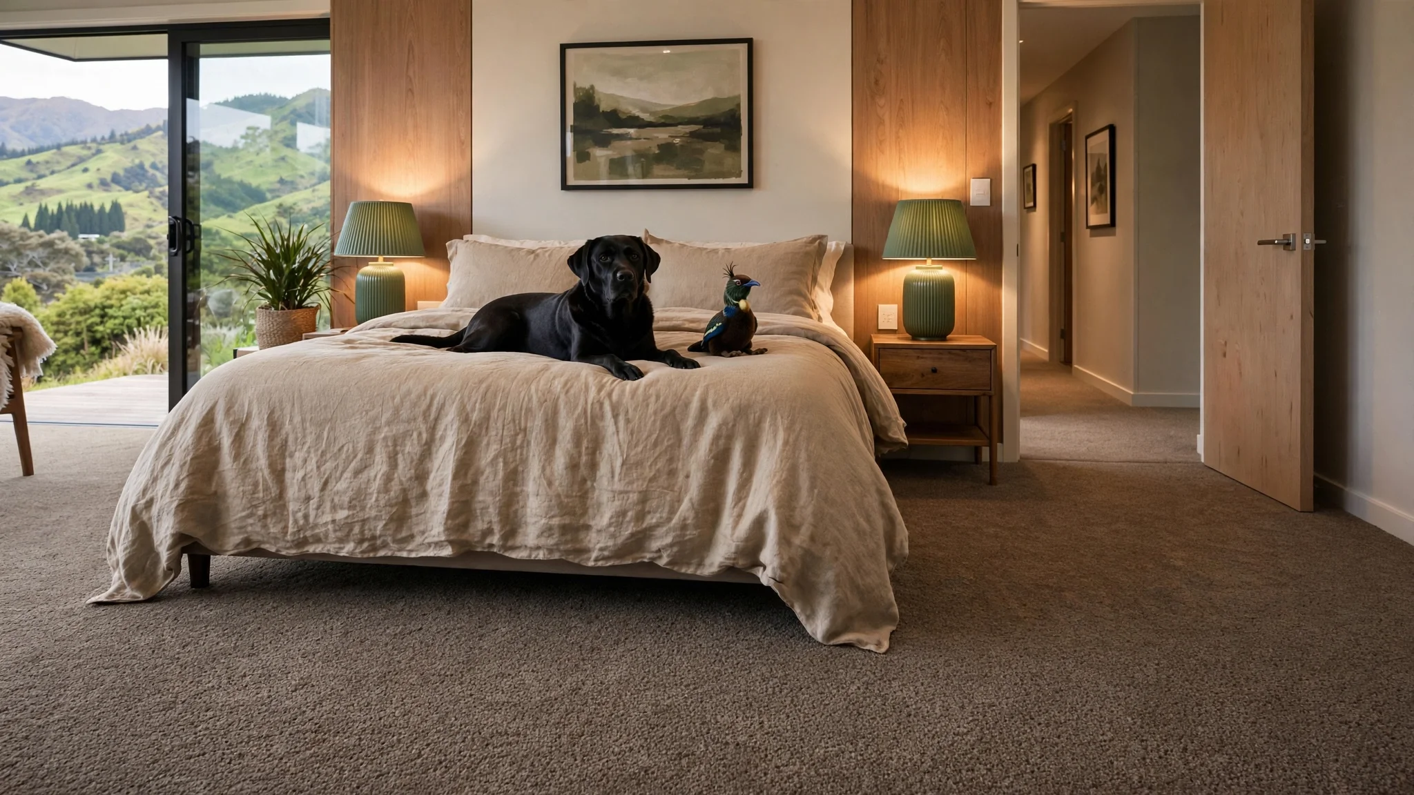 Modern bedroom with a queen-sized bed, black dog, and decorative peacock statue, with mountain view and sliding glass doors.
