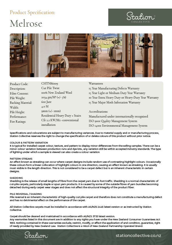 Product information sheet for Melrose cut pile twist carpet showing a living room with carpet flooring, staircase, and furniture.