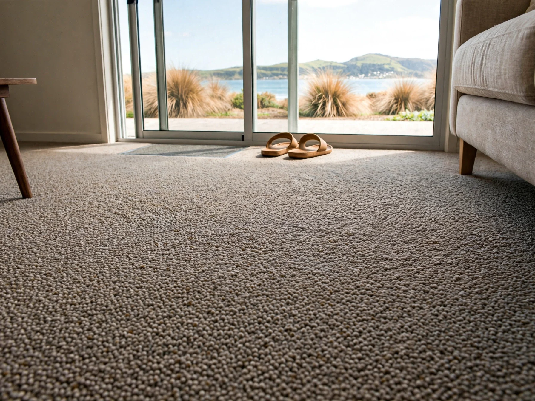 Living room with beige carpet, sliding glass door with view of outdoor landscape including hills, plants, and water, and a pair of tan slippers near the door.