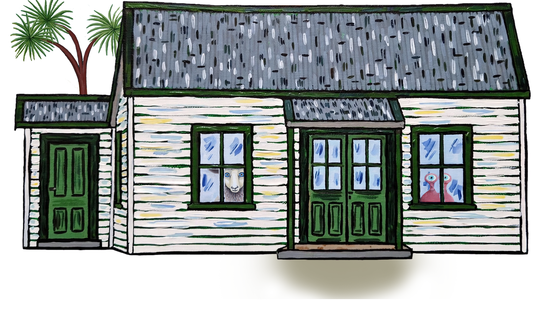 A colorful illustration of a house with a white exterior, green doors, and windows. Two of the windows have fictional animal faces peering out: one is a bear with blue eyes, and the other is a pink creature with large eyes. There are two trees with green leaves in the background.