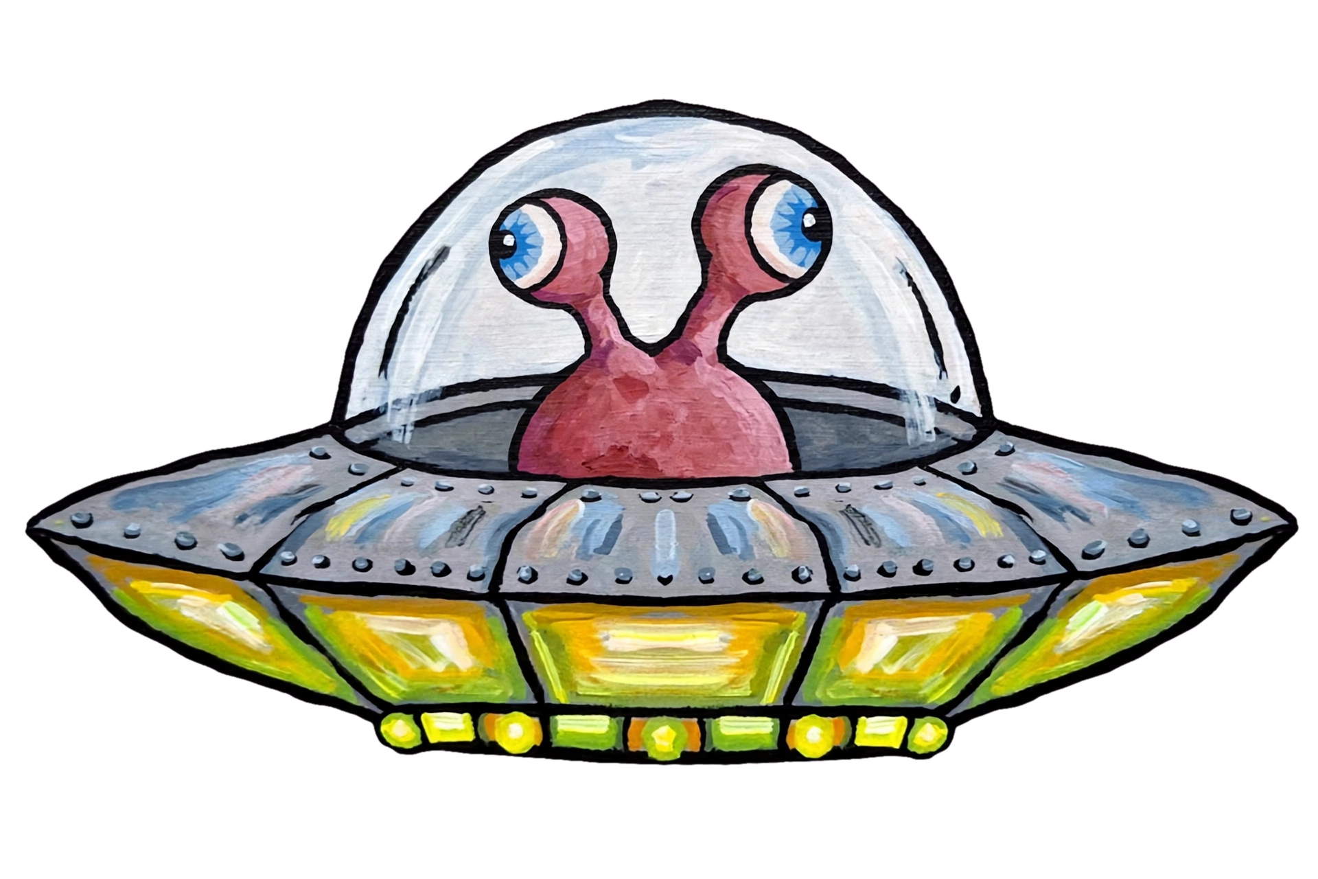 A hand-drawn cartoon of an alien spaceship with a pink alien creature inside, set against a pink background. The spaceship has a classic flying saucer shape with yellow lights around the edge.