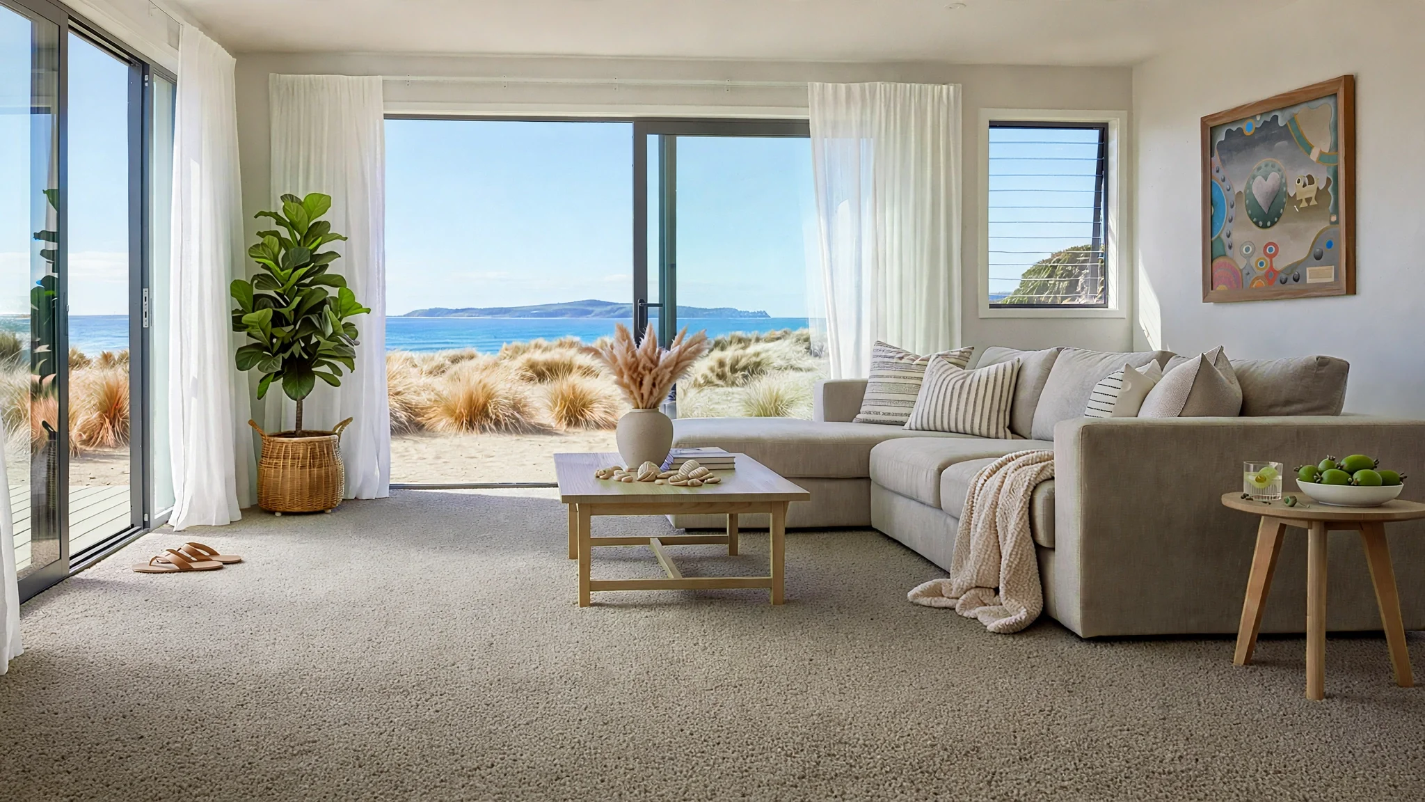 Living room with large glass sliding door showing a beach and ocean view, white curtains, beige sofa with striped pillows, coffee table with seashells, a tall green plant in a wicker basket, and abstract wall art.