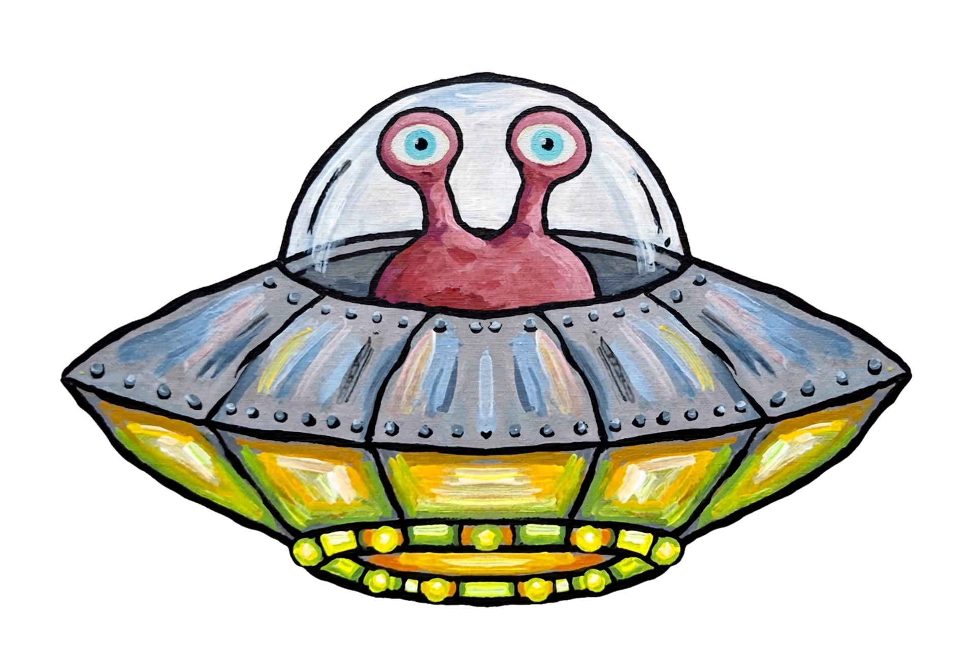 Colorful painting of a flying saucer spaceship with an alien creature inside. The spaceship is bright with yellow and green accents and has a clear dome on top to show the pink alien with big blue eyes.