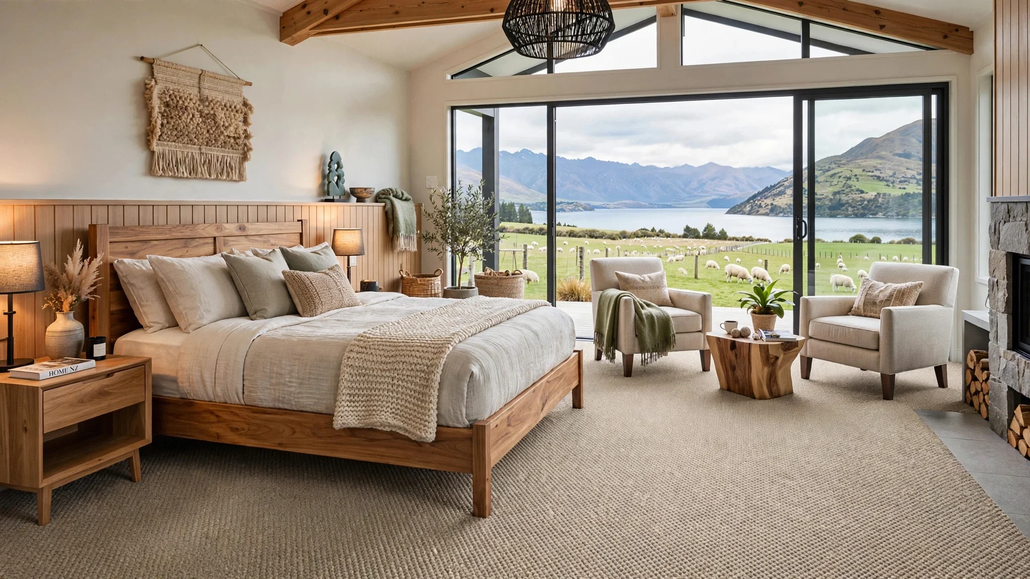 A cozy bedroom with a large wooden bed, beige bedding, and pillows. There are two matching bedside tables with lamps, a small table with a plant, and chairs near large glass sliding doors. The doors reveal a scenic view of green fields, sheep, a lake, mountains, and a cloudy sky.