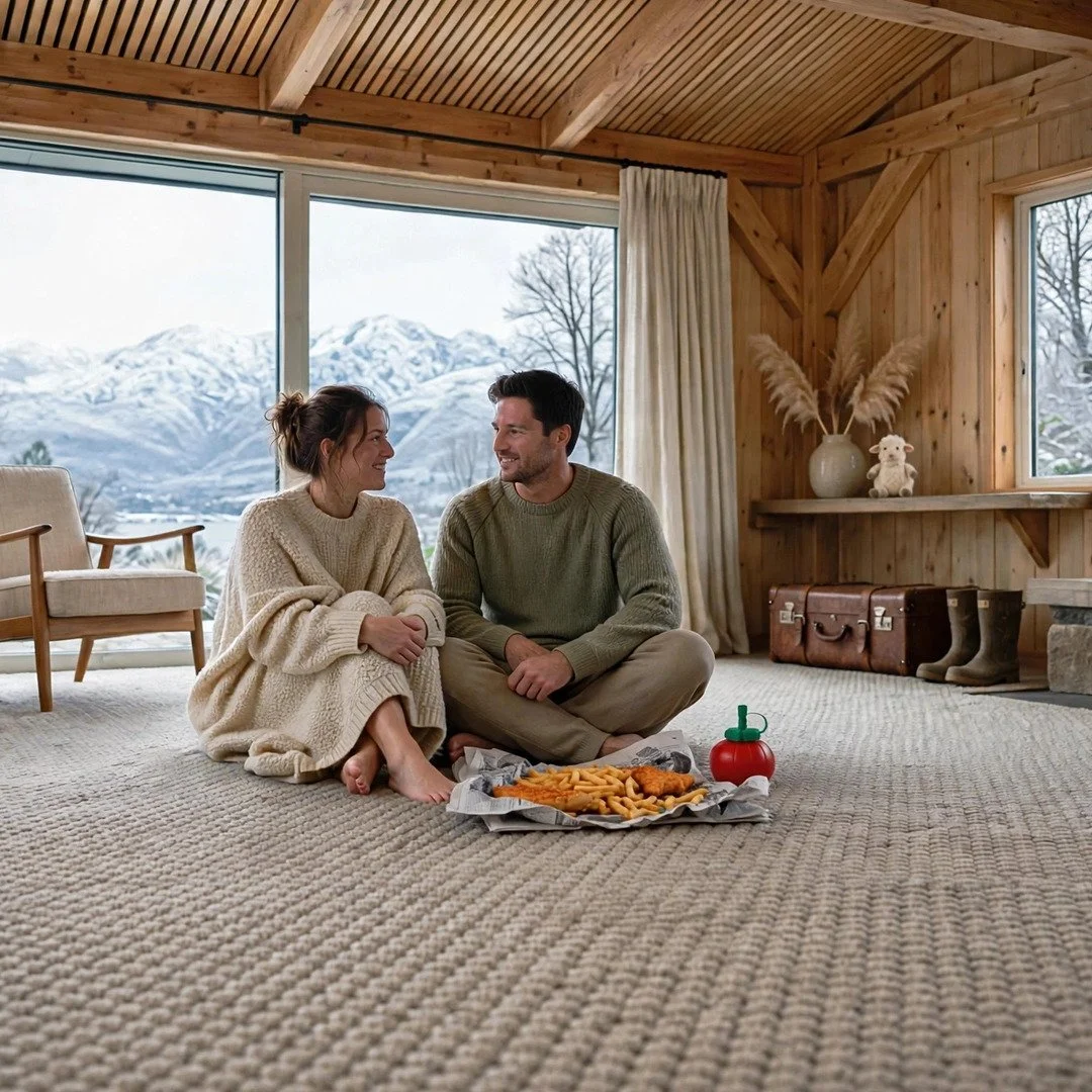 A couple sitting on a carpeted floor in a cozy wooden room with large windows showing snow-capped mountains and trees outside. They are facing each other and smiling, with a tray of food and a sippy cup between them.
