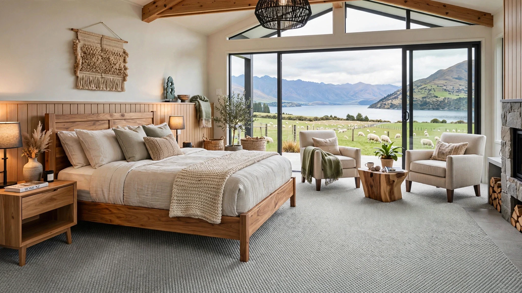 A cozy bedroom with a large bed, two nightstands with lamps, and a view of mountains and a lake through large windows. There are two white armchairs and a small wooden table near the window. The room has a wood ceiling and a decorated wall hanging.