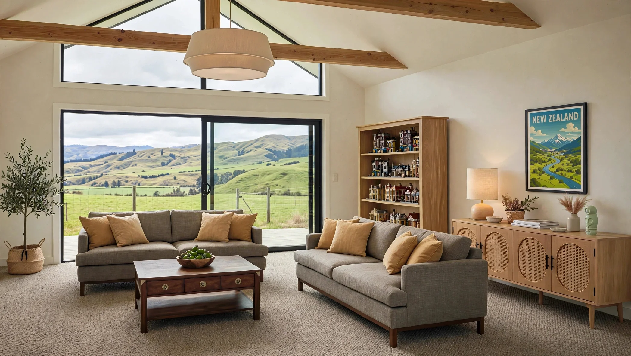 Living room with large windows showing a green, hilly landscape outside. The room has two light gray sofas with beige pillows, a wooden coffee table with a bowl of green apples, a potted plant, a wooden bookshelf with miniature buildings, a sideboard with decorative items, and a framed New Zealand travel poster. The ceiling has wooden beams and a large round pendant light.