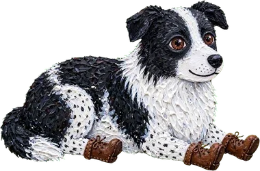 A ceramic figurine of a black and white dog with a happy expression, laying down with two small brown bones in front of it.