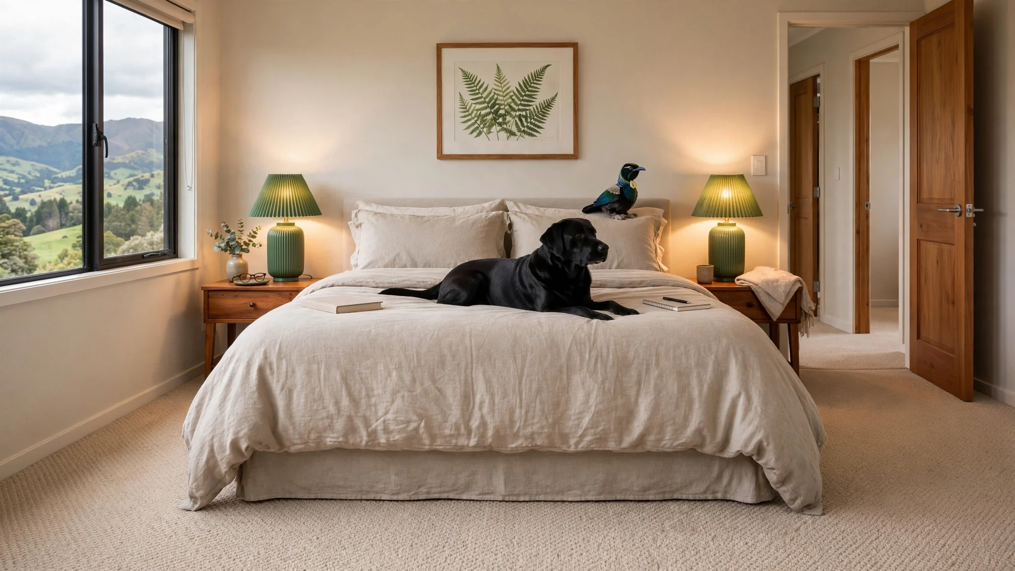 A bedroom with a large bed covered in beige bedding, a black dog lying on the bed, and a stuffed bird toy next to the dog. There are two green lamps on wooden nightstands, a picture of green fern leaves hanging above the bed, and a window showing a scenic outdoor view of rolling hills and mountains.