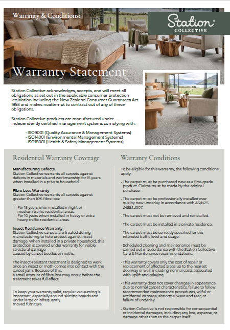 Promotion for Station Collective warranty and conditions, features a bedroom with a bed, a sitting area with chairs and a view of a landscaped outdoor area.