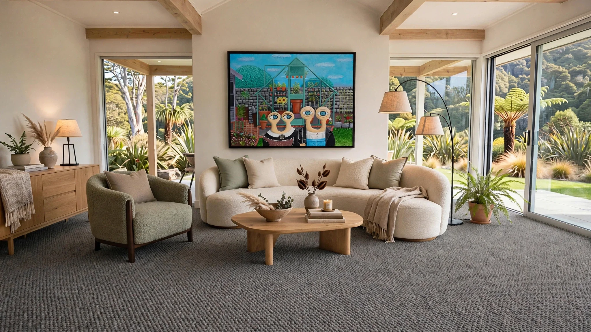Living room with beige sofa, armchair, wooden coffee table, sideboard, and large windows showing outdoor greenery and trees.