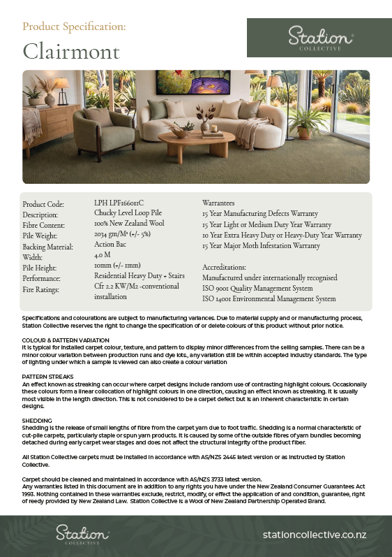Product information sheet for Clairmont carpet from Station Collective, including specifications, warranty details, performance features, certifications, and care instructions.