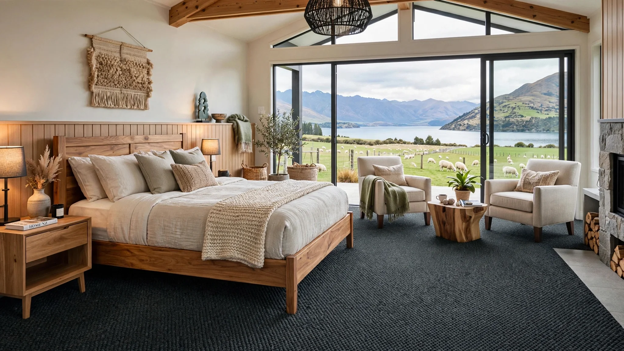 A bedroom with a large wooden bed, beige bedding, and multiple pillows, adjacent to a floor-to-ceiling glass door overlooking a scenic view of a lake, mountains, and a flock of sheep grazing on a green field outside.