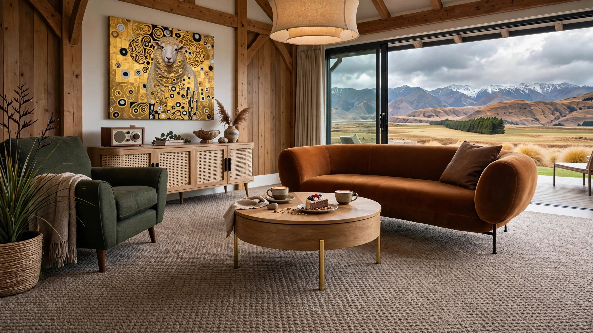 Living room with wooden walls and ceiling, large window with mountain view, brown and green sofas, coffee table with cake and drinks, wall art of sheep with gold and black swirl patterns, indoor plants, and a beige carpet.