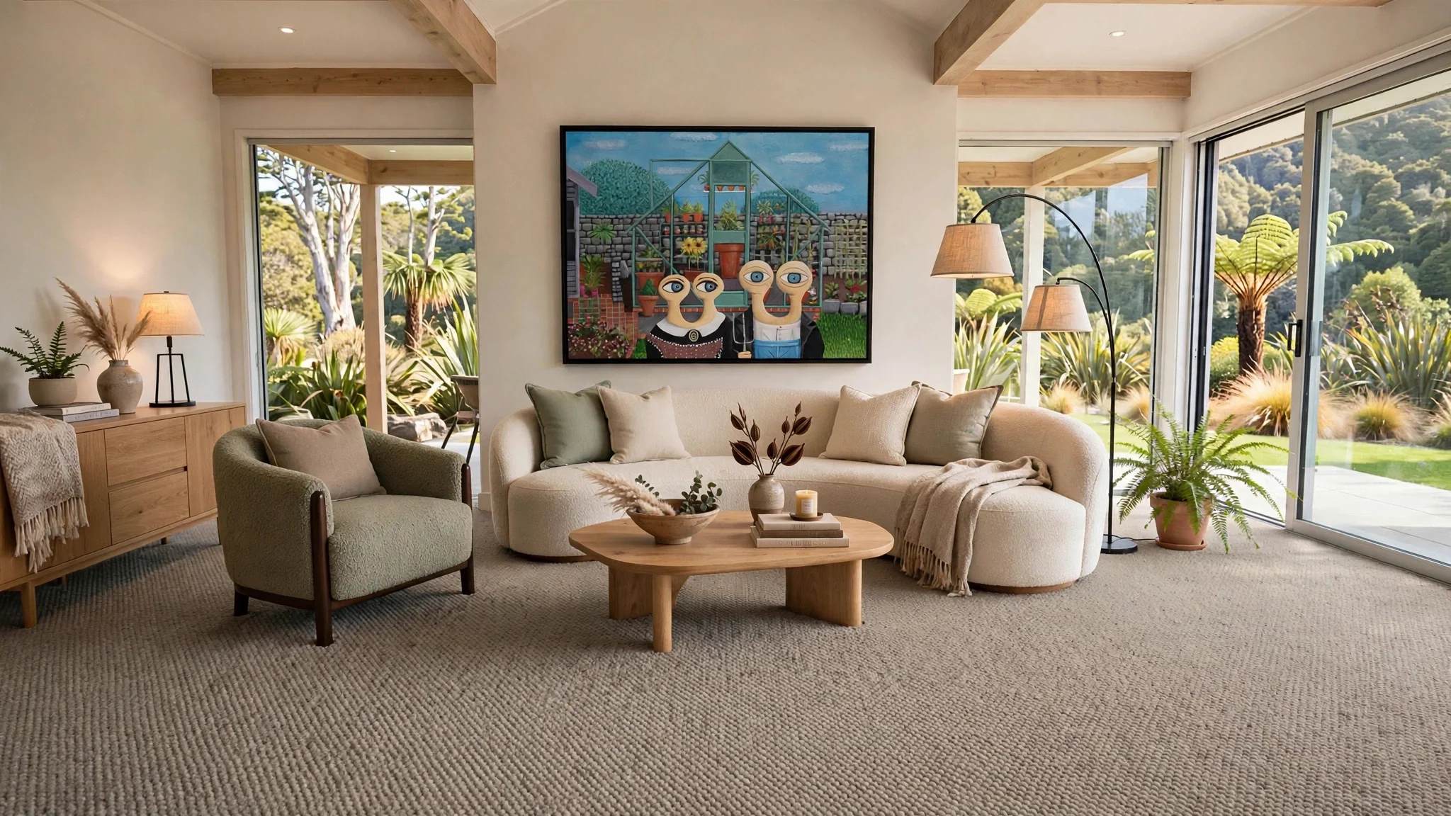 Living room with beige couch, armchair, wooden coffee table, plants, floor lamp, large sliding glass doors showing lush greenery outside, and colorful artwork on the wall.