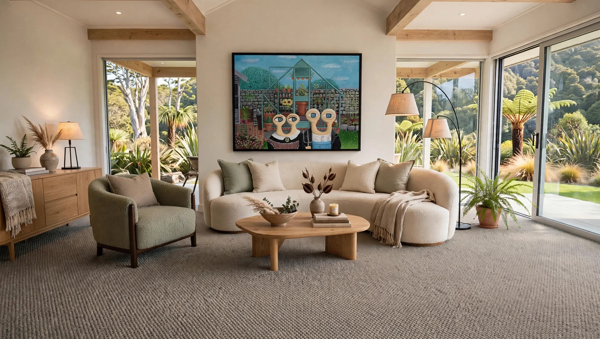 A cozy living room with a beige sofa and matching armchair, decorated with neutral pillows and a throw blanket. A round wooden coffee table holds a vase with dried flowers, a candle, and books. Large sliding glass doors reveal a lush garden with trees and plants outside. Artwork featuring four human-like figures with big eyes is hung on the wall behind the sofa, and a wooden sideboard with potted plants and decorative items is on the left side of the room. The space is filled with natural light and has a warm, inviting atmosphere.