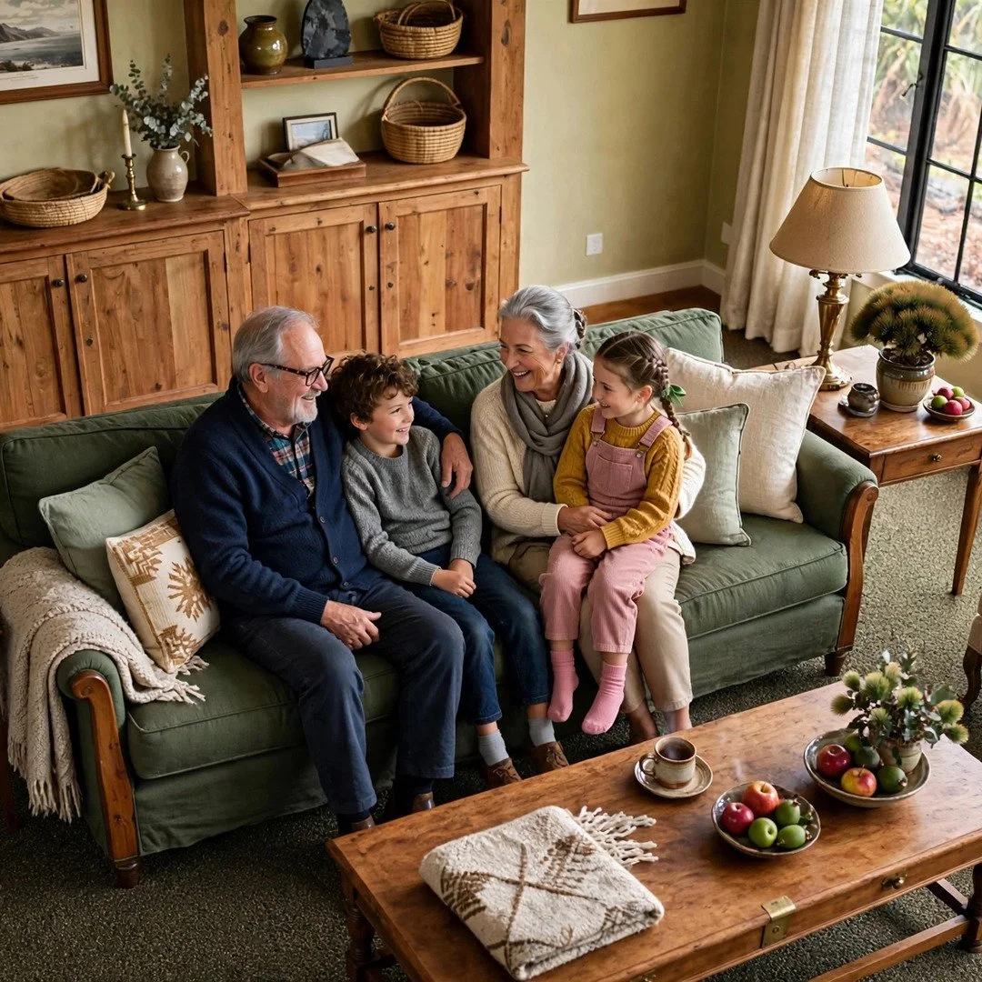 Four family members, two adults and two children, sitting on a green couch in a cozy living room, smiling and engaging with each other. There is a wooden coffee table with apples, a cup, and a blanket in front of them, and a wooden bookshelf and window with curtains in the background.