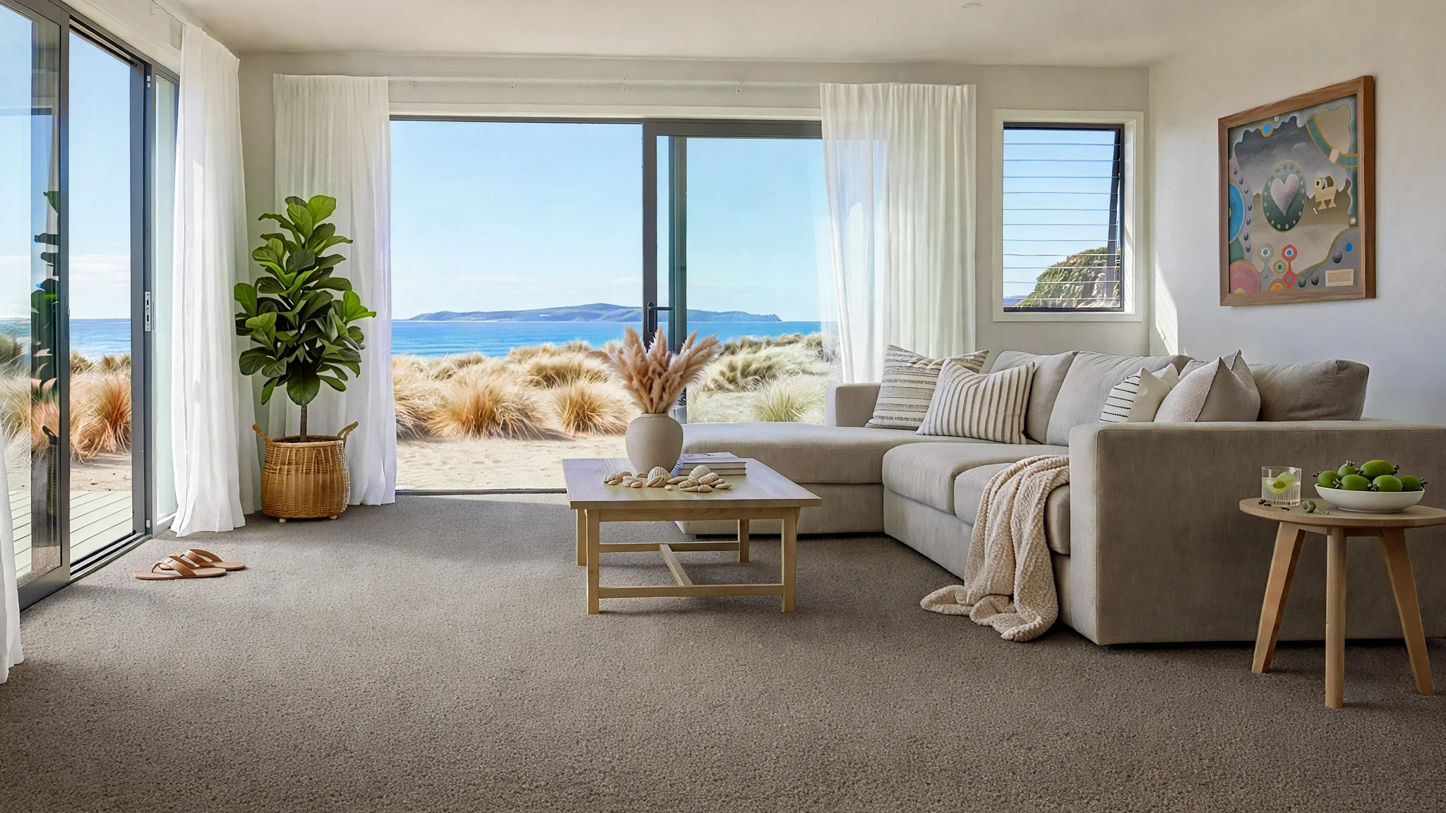 Living room with a beige sectional sofa, a wooden coffee table, and large glass sliding doors opening to a beach view with grassy dunes and the ocean. Decor includes a potted plant, a framed colorful abstract art piece, and a bowl of green apples.