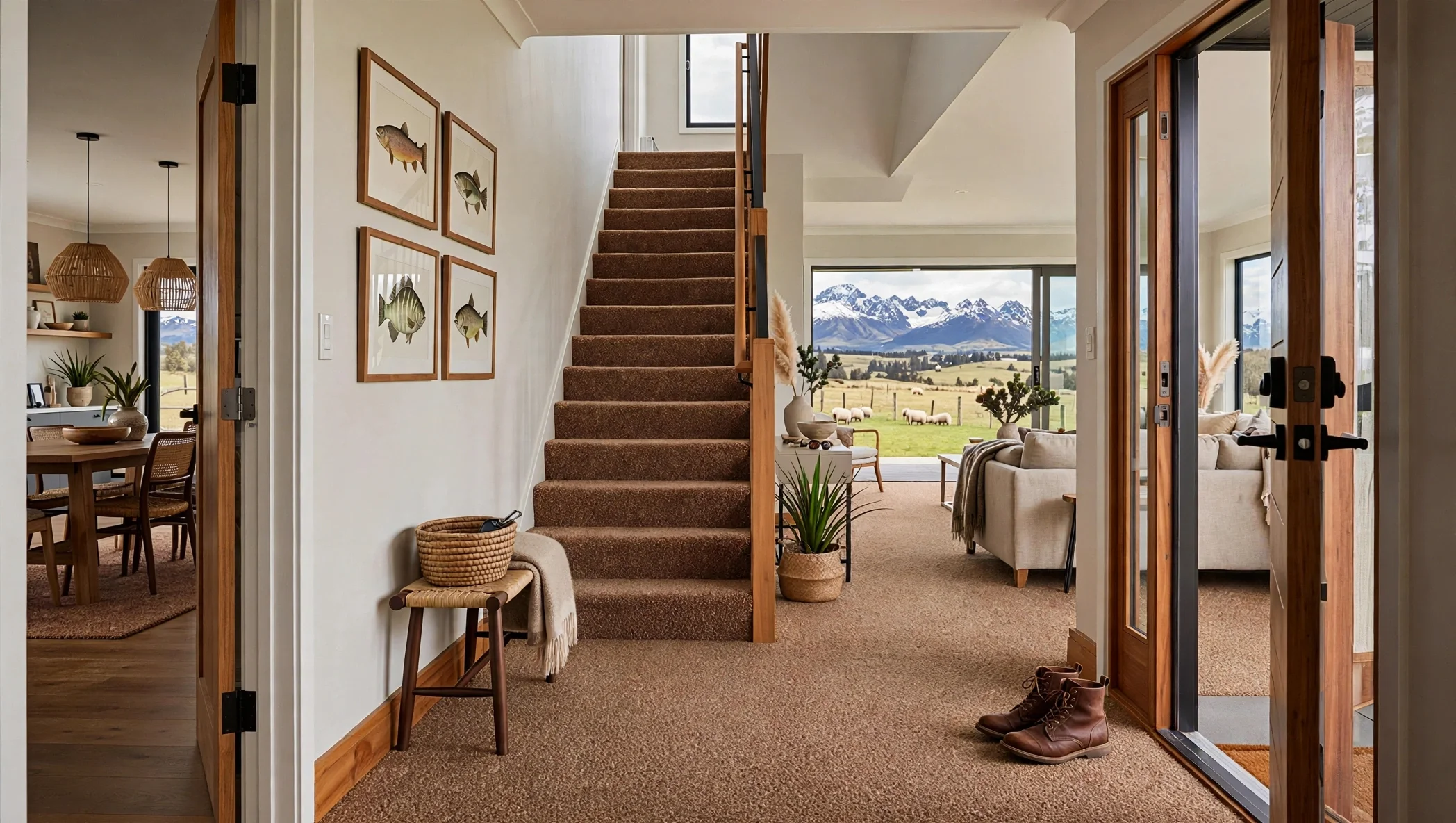 View of a cozy living space with a staircase leading to an upper level, decorated with framed fish artwork on the wall, with large windows showing a scenic mountainous landscape and sheep grazing grass outside, and an open sliding door leading to an outdoor patio.
