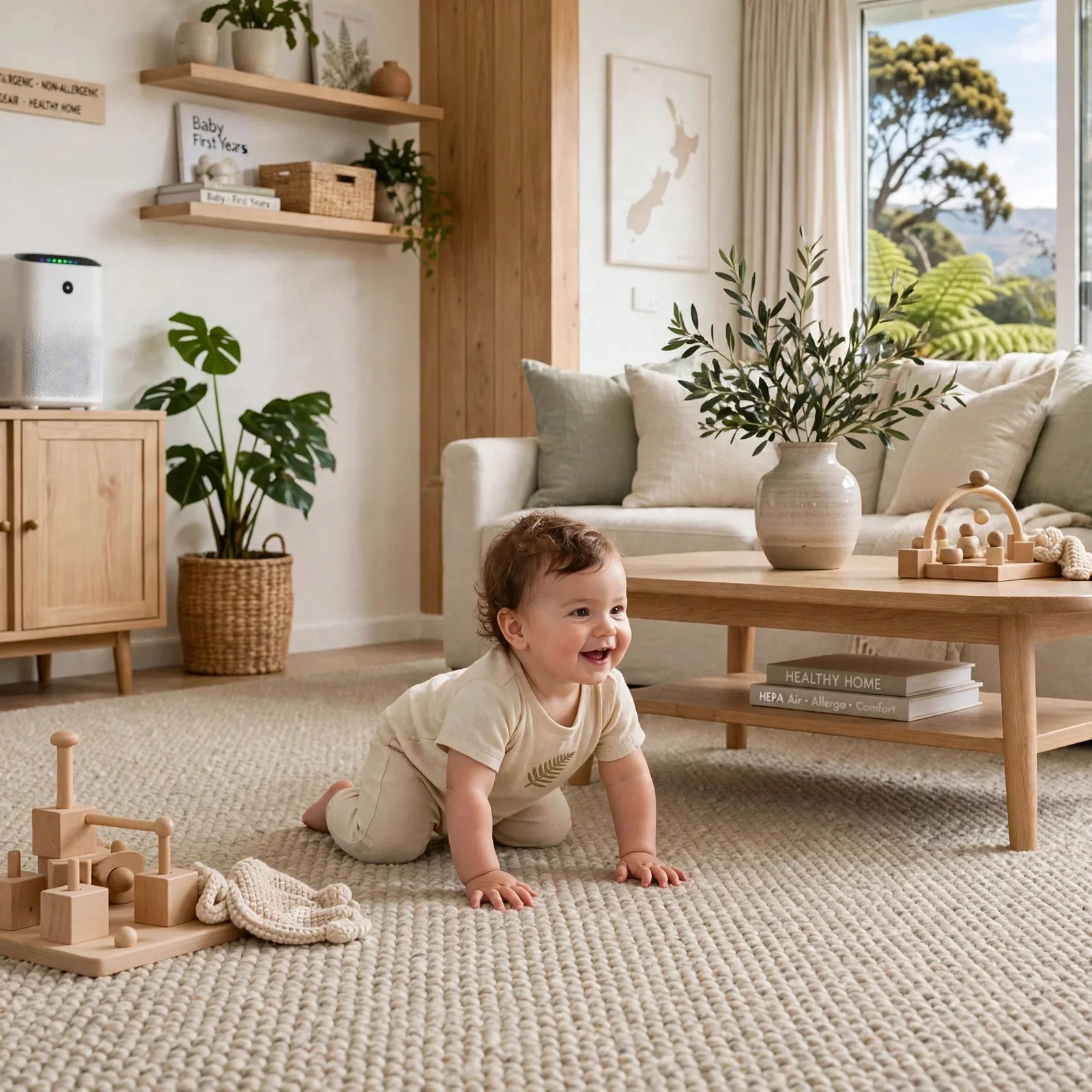 A smiling toddler crawling on a beige carpet in a neutral-toned living room with natural light, wooden furniture, green plants, and decorative objects. An open window shows trees and a blue sky.
