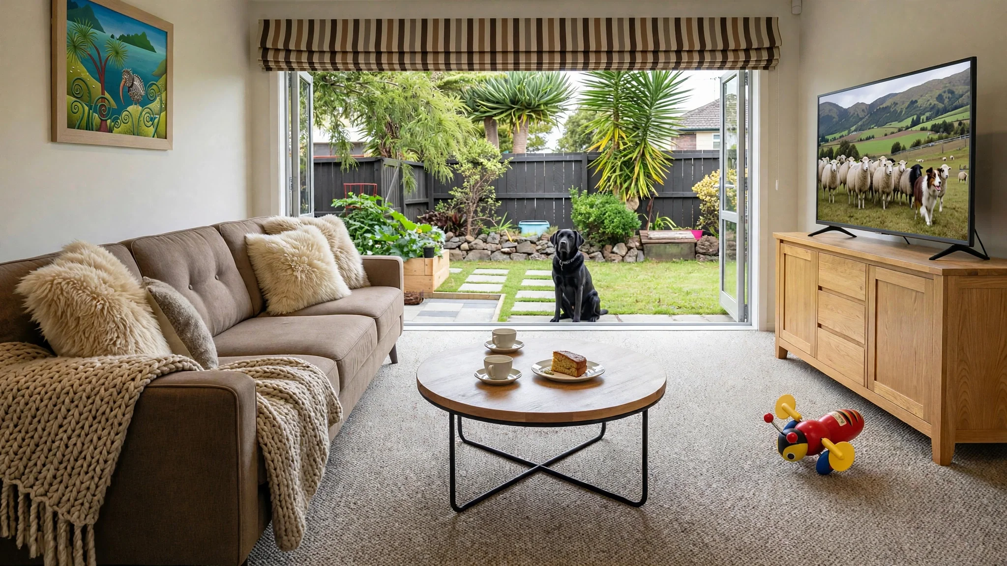 Living room with beige sofa and cream-colored throw blankets, a wooden coffee table with cups and a cake, and a window with a garden view. A black dog sits outside near the open door. On the right, a flat-screen TV displays a sheep farm scene, and a wooden cabinet is beneath it. A colorful toy is on the carpet.