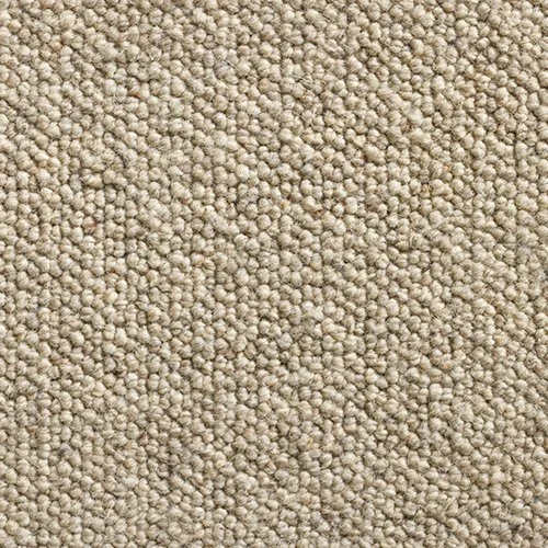 Close-up of beige textured carpet with small, tightly woven fibers.