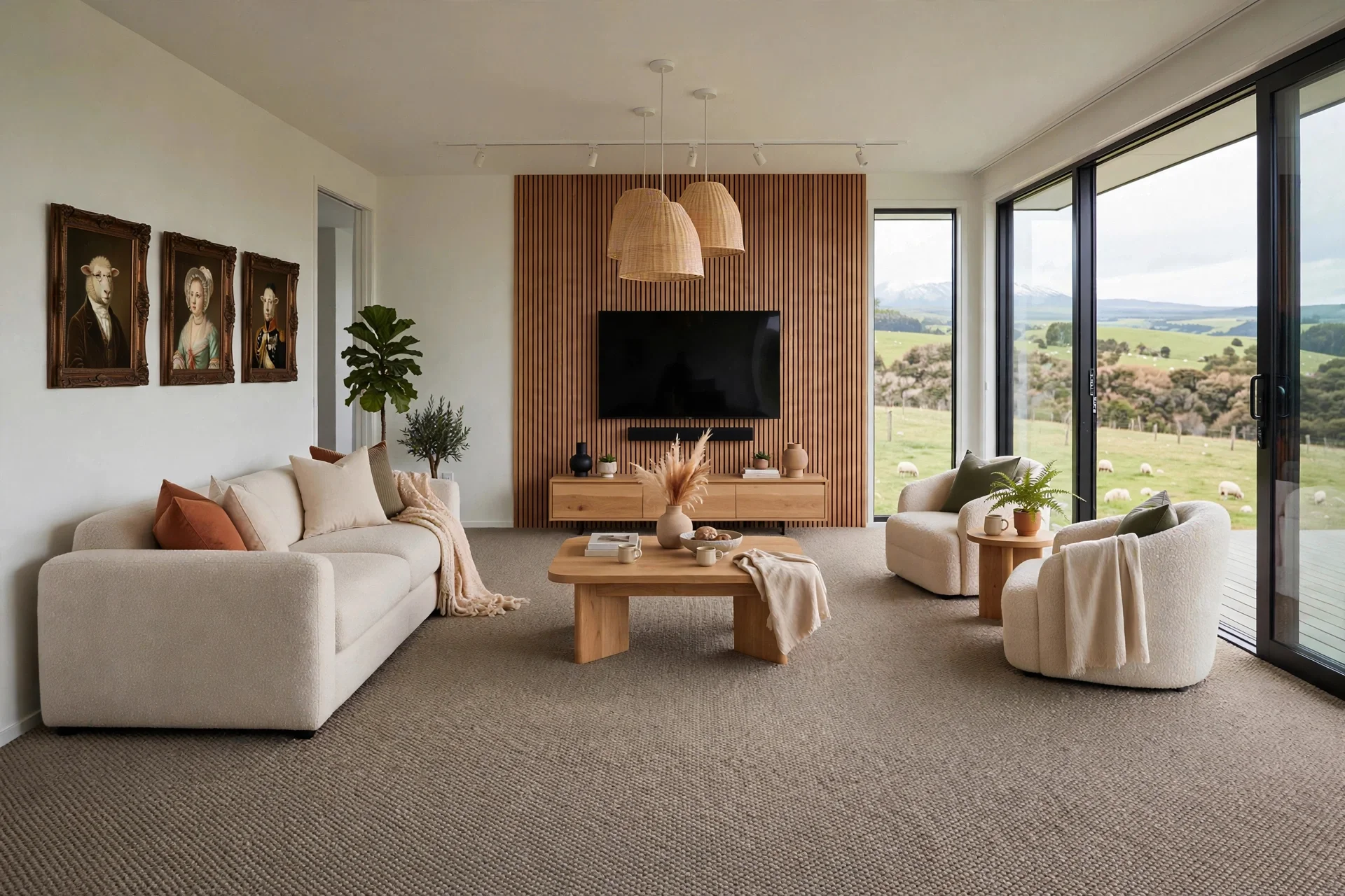 Living room with cream sofas, a wooden coffee table, potted plants, wall art, and large windows showing a green landscape with sheep and mountains.
